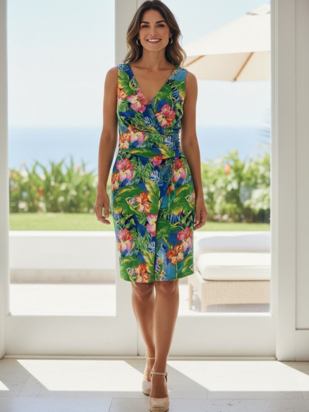 Lauren Ralph Lauren Blue Tropical Floral Wrap-Style Midi Dress, 8